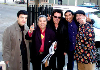 Mike Roman, Jose "Chepito" Areas of Santana, Neil Schon    of Journey, Ray Cepeda and Jim McCarthy behind the scenes at the "Voices Latin Rock" Show.